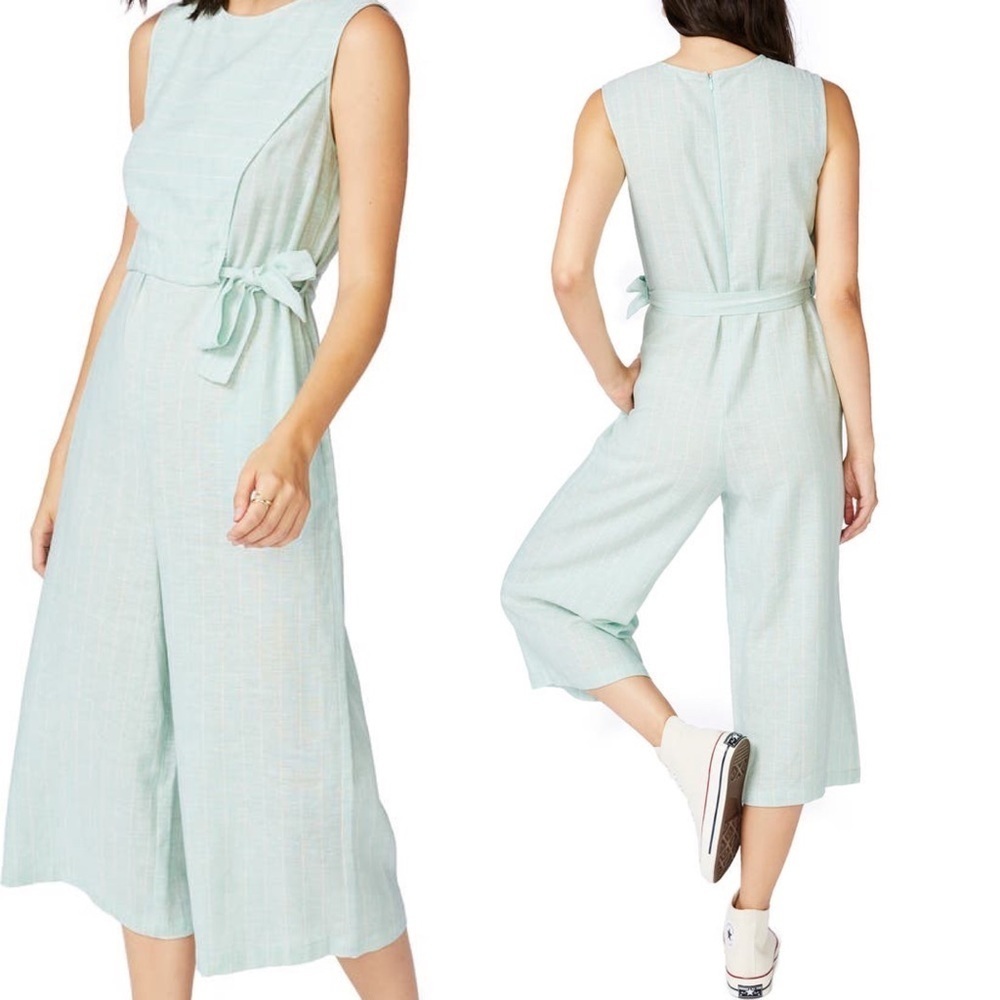 Court & Rowe Pinstripe Crop Linen Blend Jumpsuit in Crystal Sky